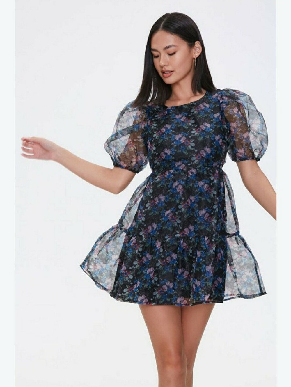 Forever 21 Black Floral Shift Sheer Mini Dress Sx S Babydoll Whimsygoth Grunge